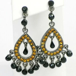 Fancy Design Metallic Black Dangling Earrings with Sparkly Orange Rhinestones